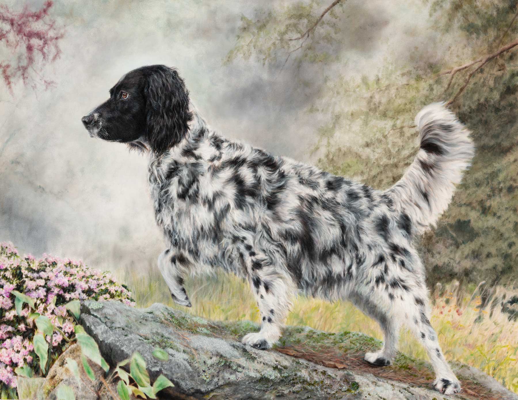 A painted dog portrait showing a black-and-white spotted dog standing on a rock in a misty outdoor setting with trees and mountain laurel.
