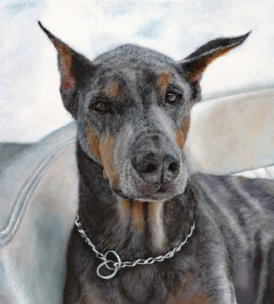 A close-up portrait painting of doberman with tan markings, wearing a silver chain collar, set against a soft light background.