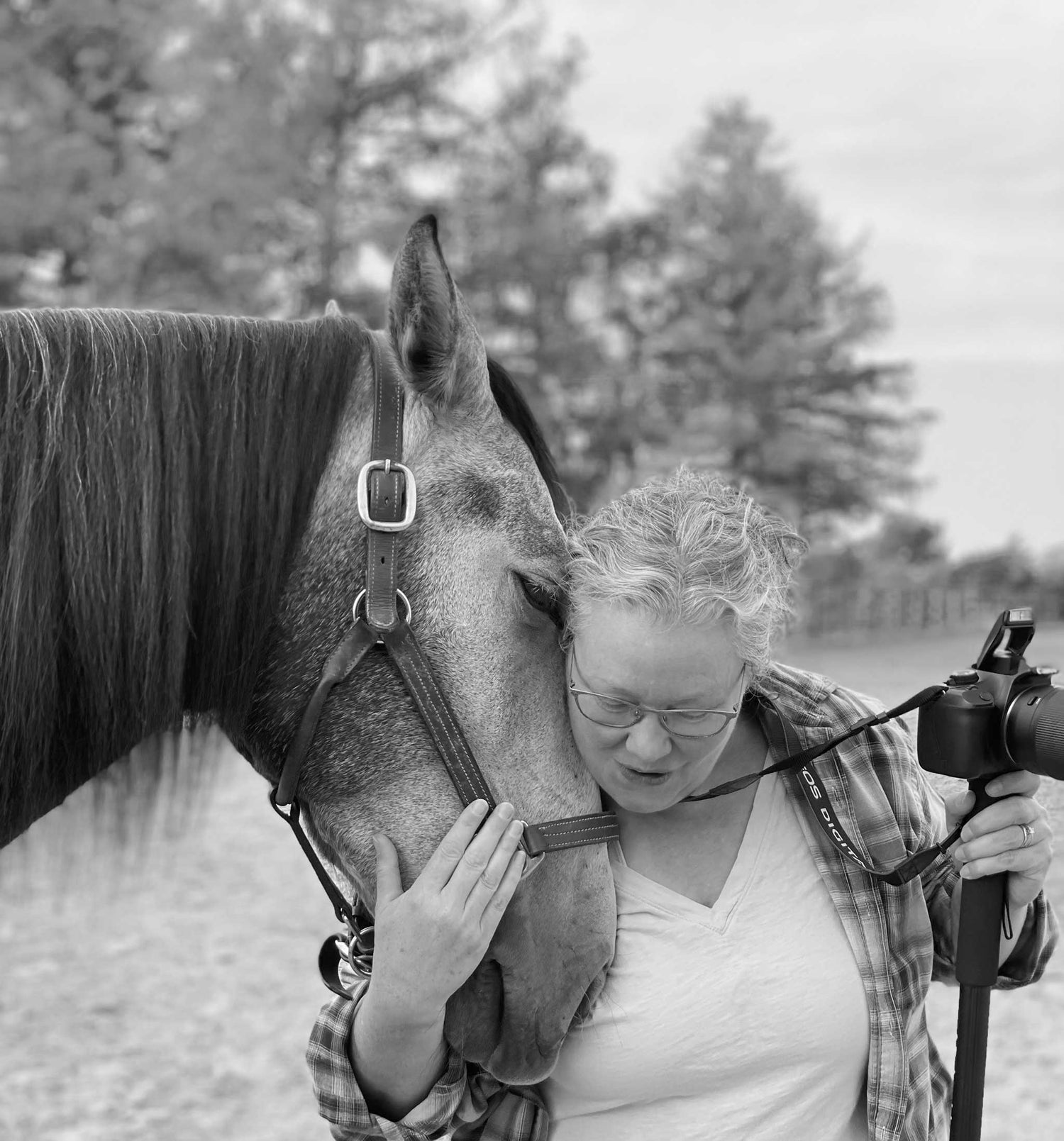 Woman hugging a horse with a camera on a tripod in a field